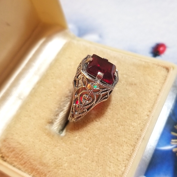 𝅺GORGEOUS! Deco Revival Filigree Ruby Aussie Opal Sterling Ring - Picture 3 of 7